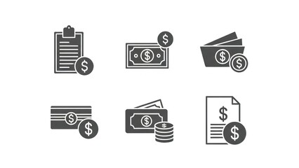 Financial icons representing currency transactions bills and payment methods on white