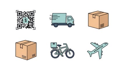 Delivery and shipping icons truck boxes airplane bicycle and qr code