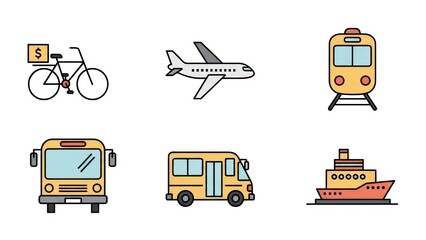 Transportation icons bicycle airplane train bus vehicles set for design