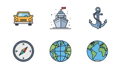 Transportation and navigation icons car ship anchor compass globe vector set
