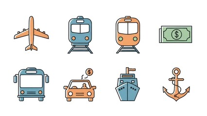 Transportation and finance icons airplane train bus ship money car anchor