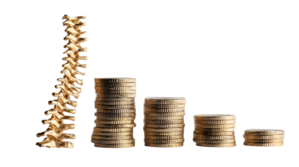 Golden human spine standing next to decreasing stacks of coins representing rising healthcare costs for back health