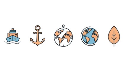 Set of travel and nature themed vector icons in orange blue and outline