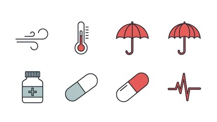 Weather icons wind temperature umbrella pills and heartbeat on white