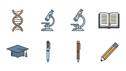 Educational and scientific icons dna microscope book and stationery