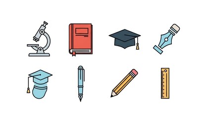 Educational icons representing science knowledge and learning on a white background