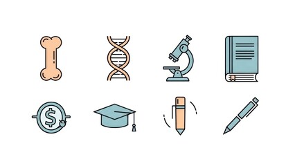 Educational and scientific icons bone dna microscope book and more