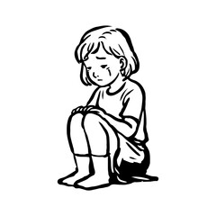 A sad young girl sitting with tears on her cheeks, black and white sketch style, on white background. Concept of sadness and loneliness