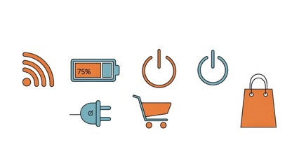 Set of colorful icons representing technology power and shopping elements