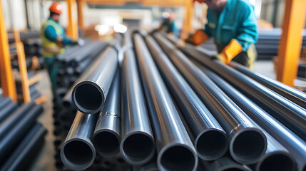 Pipes lie in a factory in neat rows with workers in the background. Pipes offer durability and versatility for many applications. The photo depicts industrial strength.