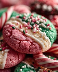 Festive Cookies and Candy Canes on Vibrant Holiday Surface