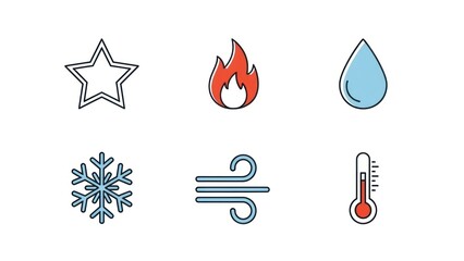 Weather elements icons of star fire water droplet snowflake wind and thermometer