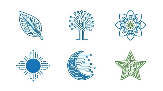 Abstract circuitry logos leaf tree flower sun moon and star designs - Powered by Adobe