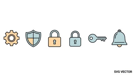 Security and technology icon set gear shield lock key bell vector graphics