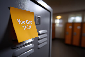 Note on a locker with an encouraging message in a gym setting