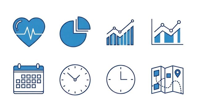 Set of various blue icons heartbeat charts calendar clocks and map