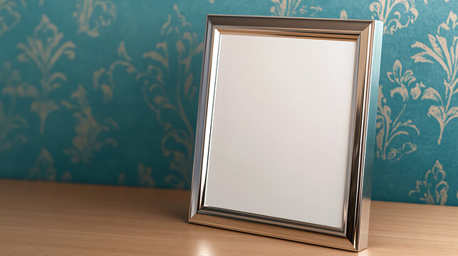 A close-up of a silver photo frame on a wooden surface, set against a blue wall with an ornate floral pattern, presents a blend of modern sleekness and classic elegance. - Powered by Adobe