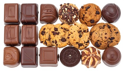 Assortment of Delicious Chocolate Candies and Cookies on White Background