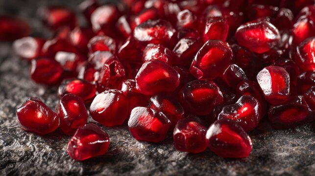 Close-up of pomegranate seeds scattered organically, stone surface