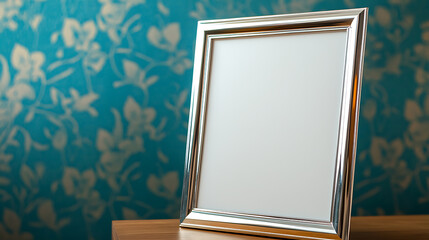 Elegant silver frame stands on a wooden surface against a teal floral wallpaper, presenting a blank canvas for memories, art, and personal expression.