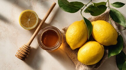 Flat lay of lemons and honey jar, pale background, winter wellness theme
