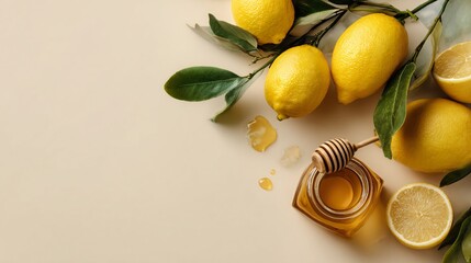 Flat lay of lemons and honey jar, pale background, winter wellness theme
