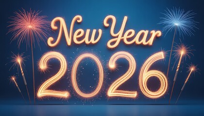 Happy new year 2026 celebration with festive fireworks against a blue background