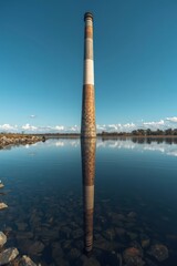 Fototapeta premium Tall chimney reflection in serene waters under a clear sky, blending nature and industry.