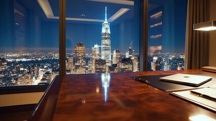 A luxurious office interior features a city view with a desk and papers at dusk