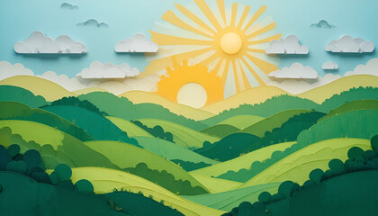 Serene green landscape with sunny sky and fluffy clouds