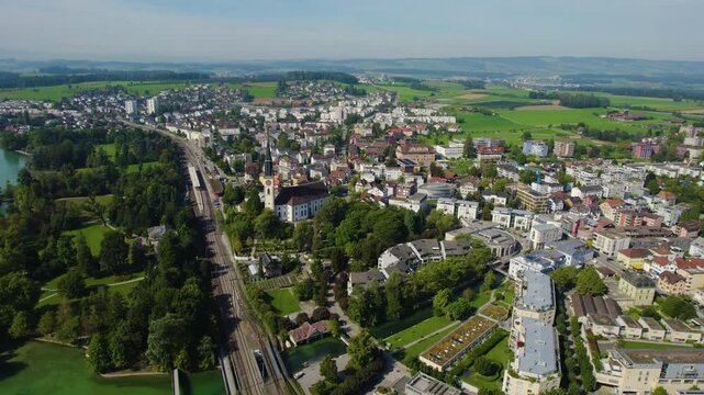 Aerial view around the city Cham in Switzerland on a sunny  day in summer