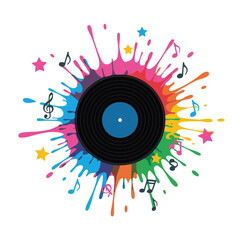Obraz premium Colorful Music Splatter with Vinyl Record and Musical Notes on White Background paint