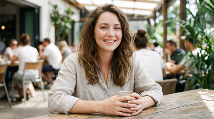 A young woman drinking a coffee in a street cafe