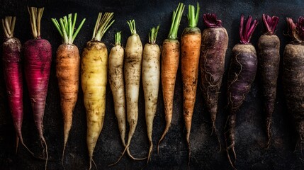 Root vegetables aligned neatly, overhead angle, minimalist holiday kitchen look