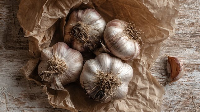Rustic flat lay of garlic bulbs with papery skin, pale wood background, winter kitchen mood