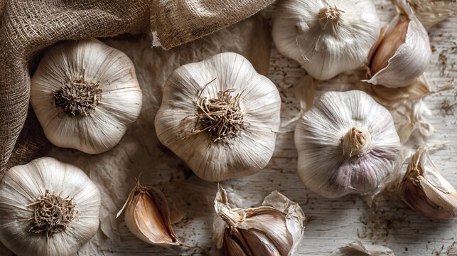 Rustic flat lay of garlic bulbs with papery skin, pale wood background, winter kitchen mood