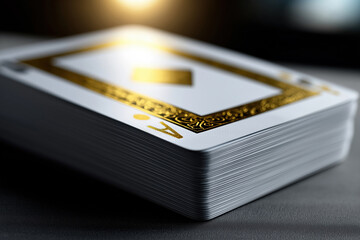 Playing cards stacked on a table with golden details in focus