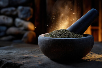 Grinding herbs in a stone mortar with a pestle in a dim room