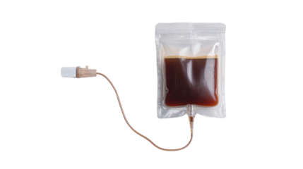 Coffee infusion dripping from iv bag, symbolizing caffeine addiction, energy boost, and morning dependence concept