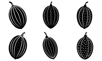 Five black and white striped fruit silhouettes on white background