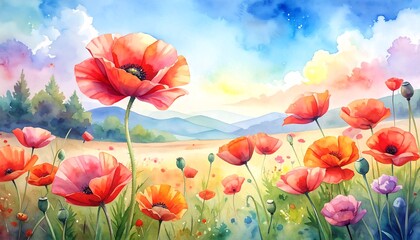 Vibrant Watercolor Poppies in a Sunny Field with Colorful Sky and Distant Mountains