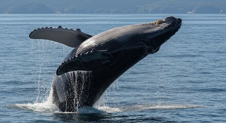 Gigantic whale breaching dramatically from deep ocean waters