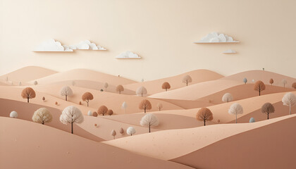 Serene desert landscape with rolling hills and trees in warm beige tones