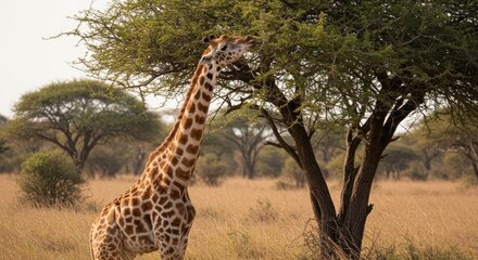 iraffe feeding on green leaves in natural habitat