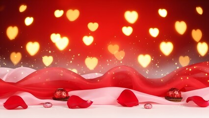 Romantic background scene featuring draped red and pink silk fabrics adorned with scattering heart shaped bokeh lights and scattered rose petals creating a perfect setting for valentine's day celebrat