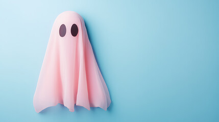 A pink ghost against a blue backdrop. This ghostly figure is simple and playful, perfect for lighthearted Halloween themes or cute spooky season content, ready to be shared and enjoyed.
