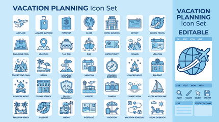 Vacation Planning Icon Set with Passport, Itinerary, Beach Trip, and Travel Safety for Tourism Dashboards, Trip Guides, and Packing Checklists