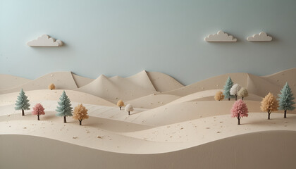 Whimsical desert landscape with colorful trees and sand dunes under blue sky