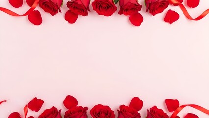 Beautiful vibrant red roses and scattered petals with flowing satin ribbon forming a decorative border frame on a light pink background for romantic holiday designs and celebrations