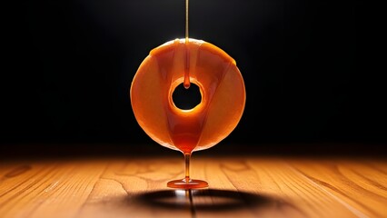A thin stream of golden amber caramel sauce slowly drips onto a perfectly round fruit slice against a dramatic dark background highlighting the sweet dessert concept.